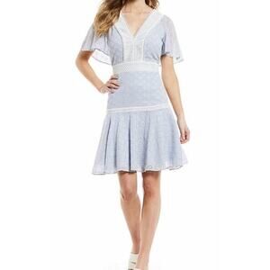 Gianni Bini Alice Lace Light Blue V Neck Eyelet Drop Waist Dress, Womens Size 12